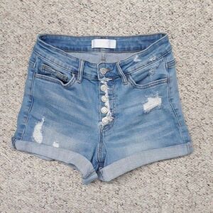 Vervet Midrise Exposed Button Fly Distressed Raw Hem Shorts 26